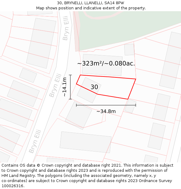 30, BRYNELLI, LLANELLI, SA14 8PW: Plot and title map