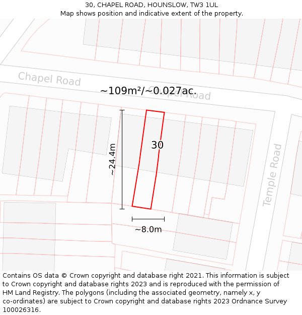 30, CHAPEL ROAD, HOUNSLOW, TW3 1UL: Plot and title map