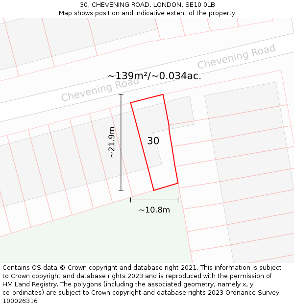 30, CHEVENING ROAD, LONDON, SE10 0LB: Plot and title map