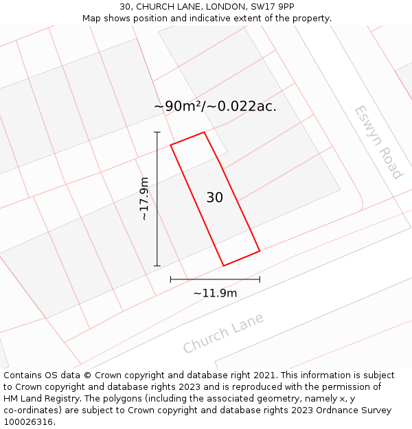 30, CHURCH LANE, LONDON, SW17 9PP: Plot and title map