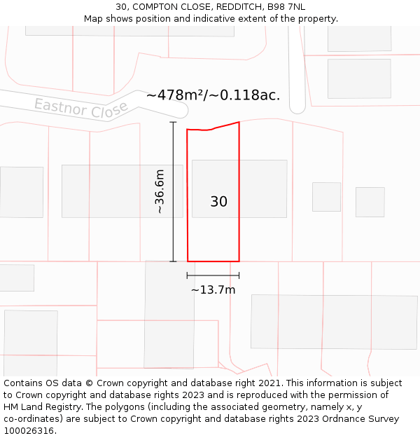 30, COMPTON CLOSE, REDDITCH, B98 7NL: Plot and title map