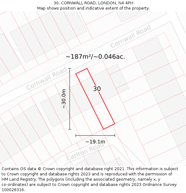 30, CORNWALL ROAD, LONDON, N4 4PH: Plot and title map