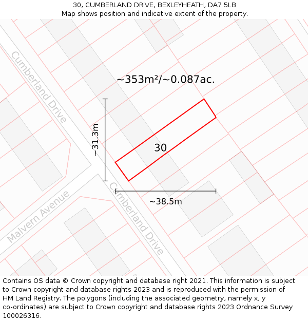30, CUMBERLAND DRIVE, BEXLEYHEATH, DA7 5LB: Plot and title map