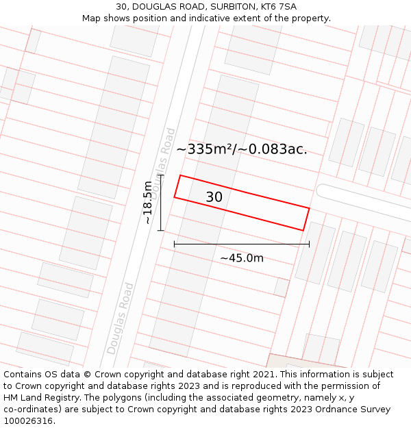30, DOUGLAS ROAD, SURBITON, KT6 7SA: Plot and title map