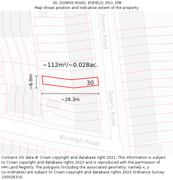 30, DOWNS ROAD, ENFIELD, EN1 1PB: Plot and title map