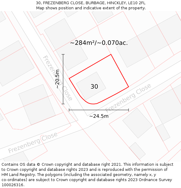 30, FREZENBERG CLOSE, BURBAGE, HINCKLEY, LE10 2FL: Plot and title map