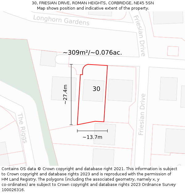 30, FRIESIAN DRIVE, ROMAN HEIGHTS, CORBRIDGE, NE45 5SN: Plot and title map