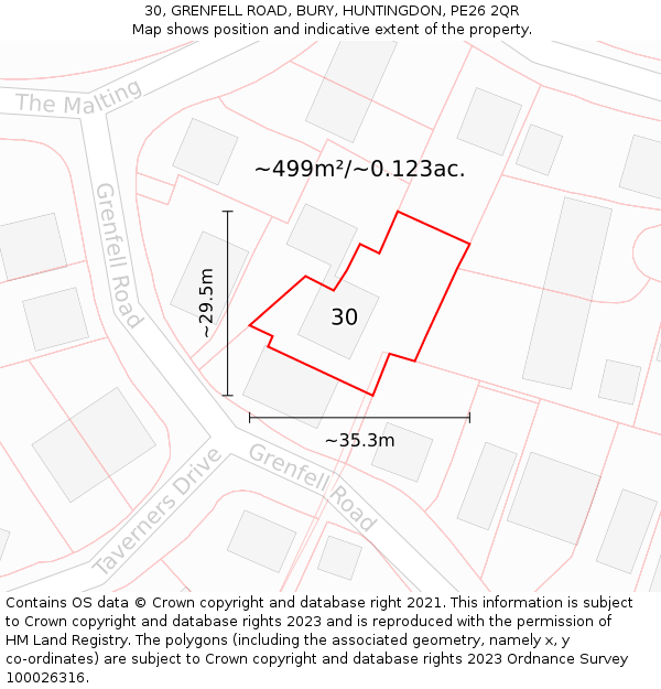 30, GRENFELL ROAD, BURY, HUNTINGDON, PE26 2QR: Plot and title map