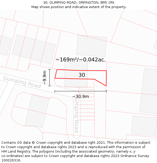 30, GUMPING ROAD, ORPINGTON, BR5 1RX: Plot and title map