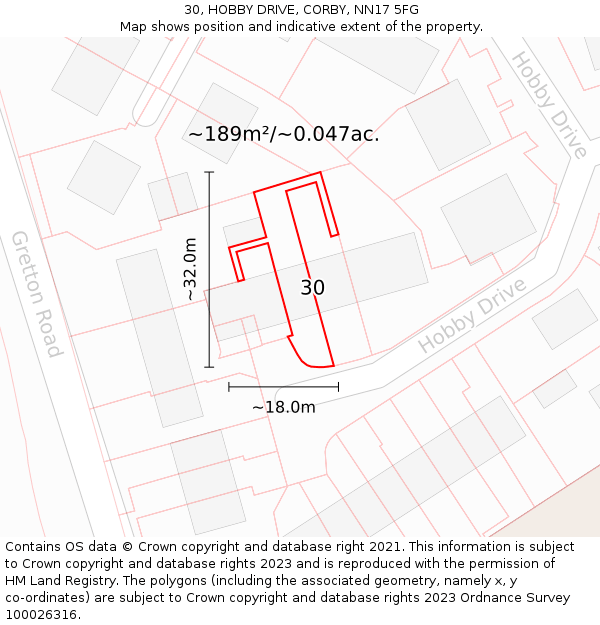 30, HOBBY DRIVE, CORBY, NN17 5FG: Plot and title map