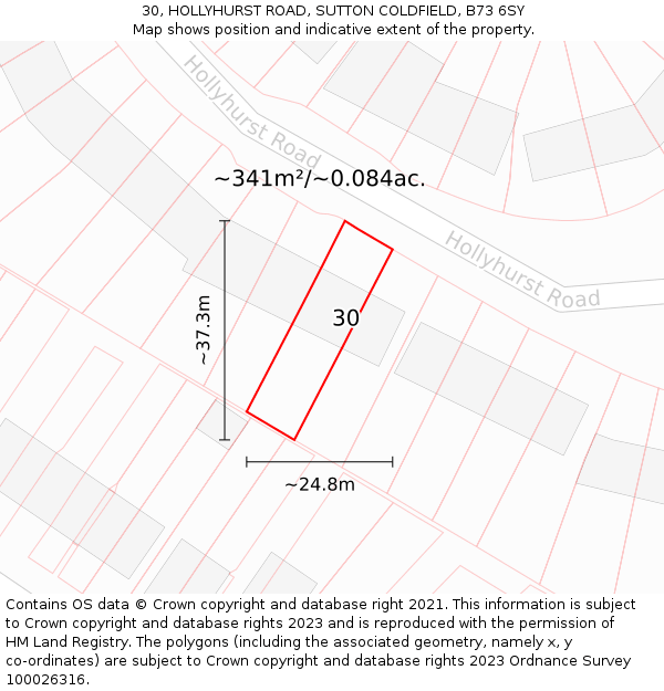 30, HOLLYHURST ROAD, SUTTON COLDFIELD, B73 6SY: Plot and title map