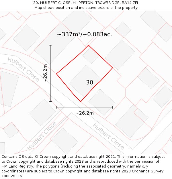30, HULBERT CLOSE, HILPERTON, TROWBRIDGE, BA14 7FL: Plot and title map