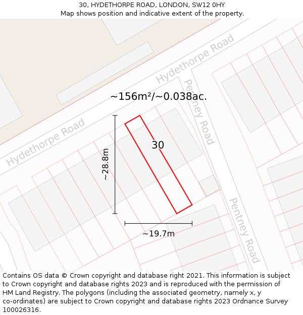 30, HYDETHORPE ROAD, LONDON, SW12 0HY: Plot and title map