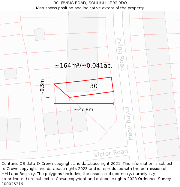 30, IRVING ROAD, SOLIHULL, B92 9DQ: Plot and title map