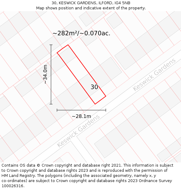30, KESWICK GARDENS, ILFORD, IG4 5NB: Plot and title map