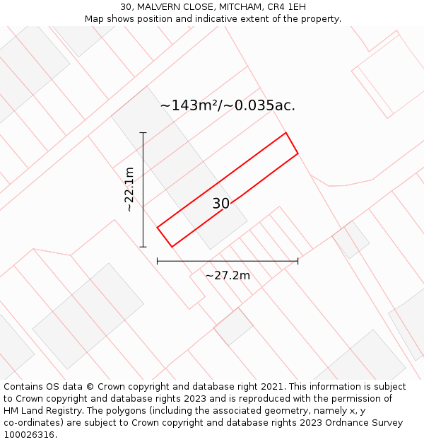 30, MALVERN CLOSE, MITCHAM, CR4 1EH: Plot and title map