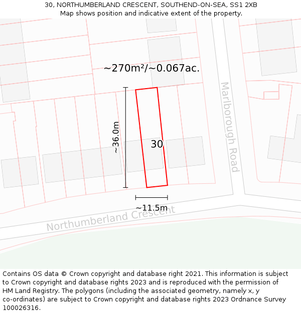 30, NORTHUMBERLAND CRESCENT, SOUTHEND-ON-SEA, SS1 2XB: Plot and title map