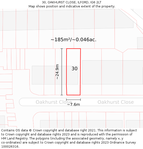30, OAKHURST CLOSE, ILFORD, IG6 2LT: Plot and title map