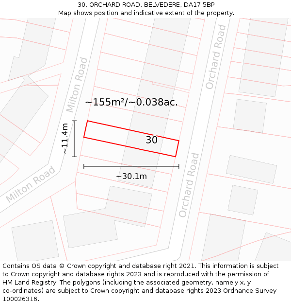 30, ORCHARD ROAD, BELVEDERE, DA17 5BP: Plot and title map