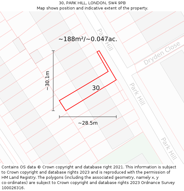 30, PARK HILL, LONDON, SW4 9PB: Plot and title map