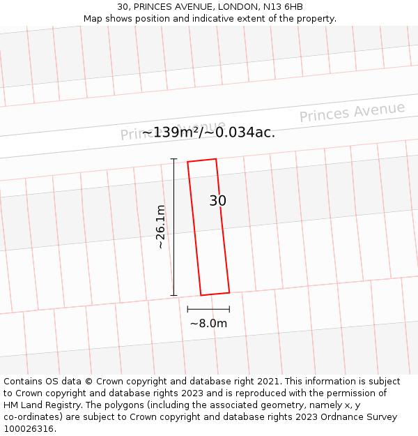30, PRINCES AVENUE, LONDON, N13 6HB: Plot and title map