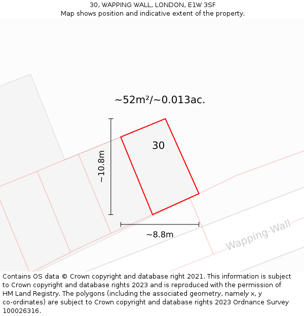 30, WAPPING WALL, LONDON, E1W 3SF: Plot and title map