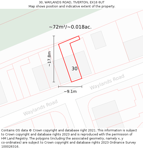 30, WAYLANDS ROAD, TIVERTON, EX16 6UT: Plot and title map