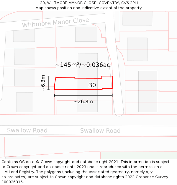 30, WHITMORE MANOR CLOSE, COVENTRY, CV6 2PH: Plot and title map