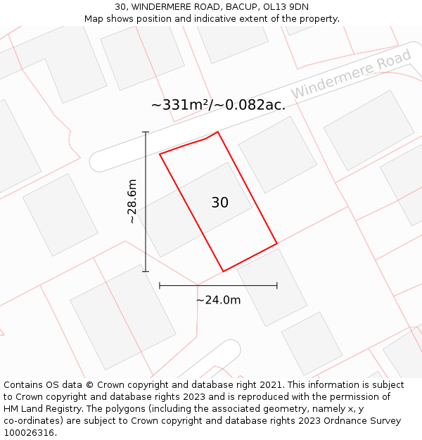 30, WINDERMERE ROAD, BACUP, OL13 9DN: Plot and title map