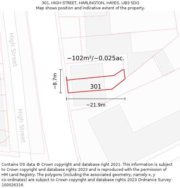 301, HIGH STREET, HARLINGTON, HAYES, UB3 5DG: Plot and title map