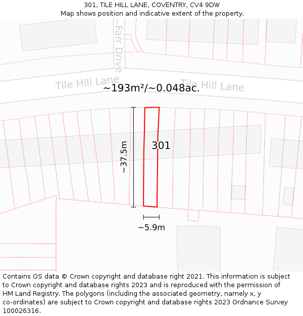 301, TILE HILL LANE, COVENTRY, CV4 9DW: Plot and title map