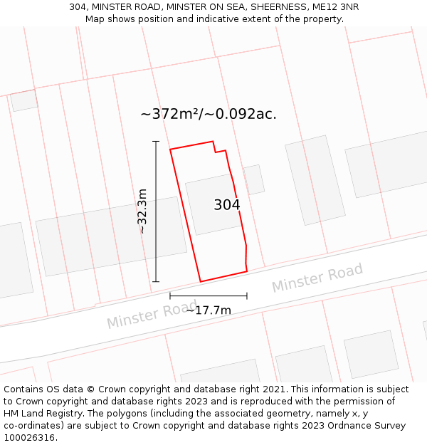304, MINSTER ROAD, MINSTER ON SEA, SHEERNESS, ME12 3NR: Plot and title map