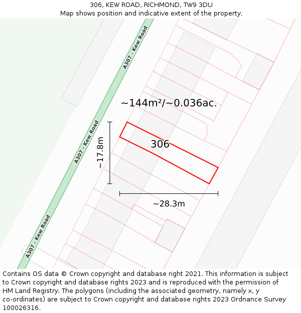 306, KEW ROAD, RICHMOND, TW9 3DU: Plot and title map