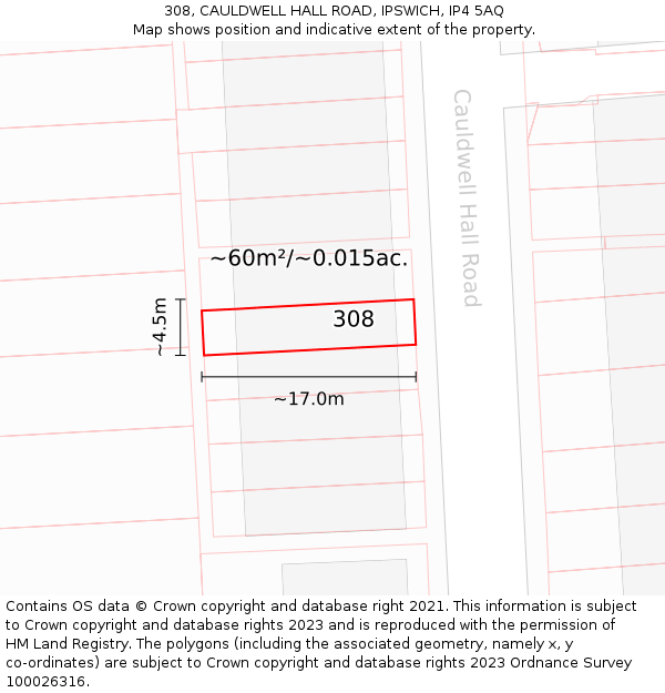 308, CAULDWELL HALL ROAD, IPSWICH, IP4 5AQ: Plot and title map