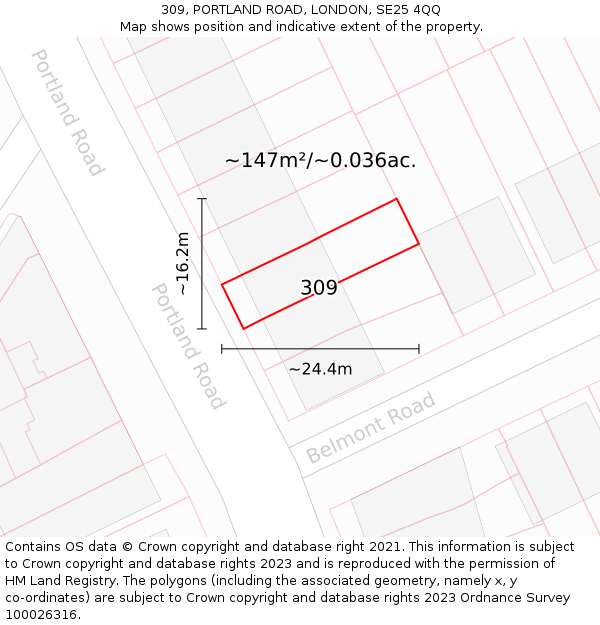 309, PORTLAND ROAD, LONDON, SE25 4QQ: Plot and title map