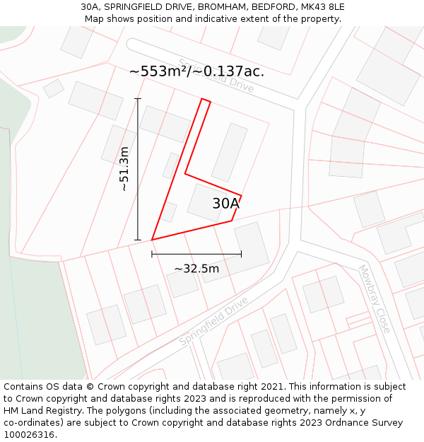 30A, SPRINGFIELD DRIVE, BROMHAM, BEDFORD, MK43 8LE: Plot and title map