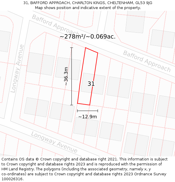 31, BAFFORD APPROACH, CHARLTON KINGS, CHELTENHAM, GL53 9JG: Plot and title map