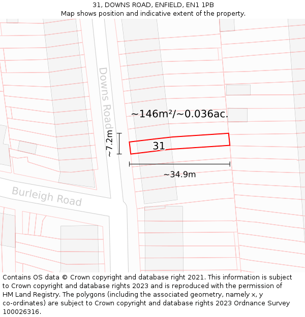 31, DOWNS ROAD, ENFIELD, EN1 1PB: Plot and title map