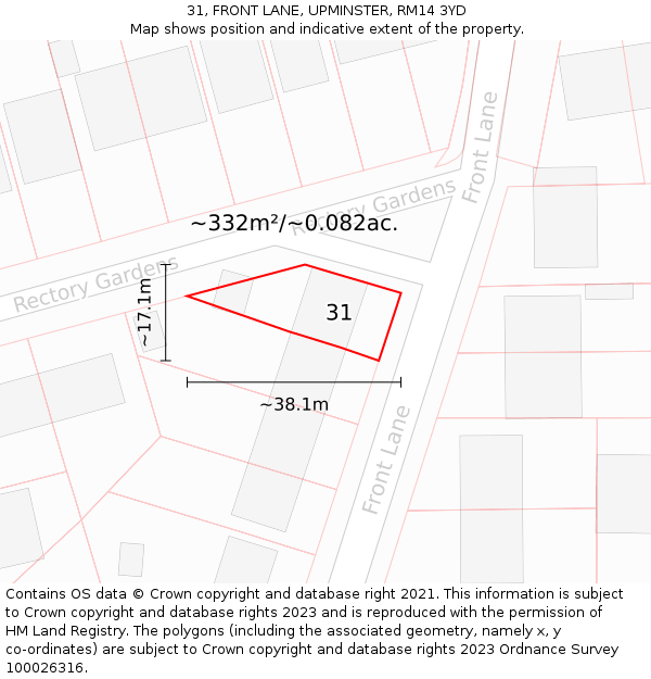 31, FRONT LANE, UPMINSTER, RM14 3YD: Plot and title map