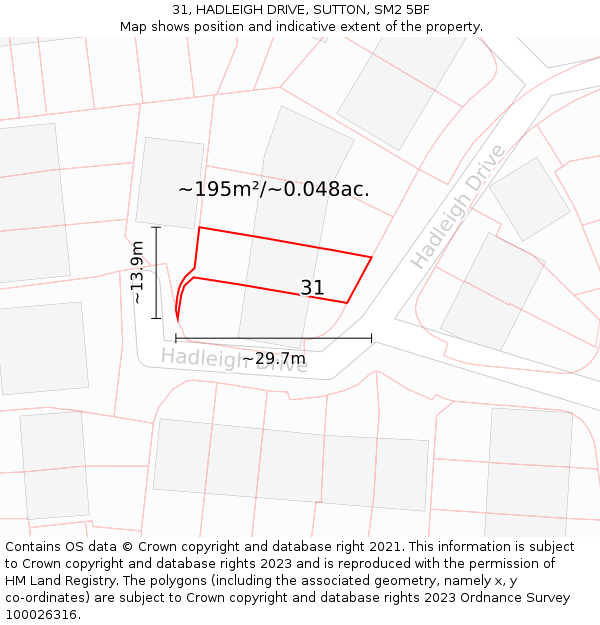 31, HADLEIGH DRIVE, SUTTON, SM2 5BF: Plot and title map