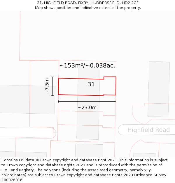 31, HIGHFIELD ROAD, FIXBY, HUDDERSFIELD, HD2 2GF: Plot and title map