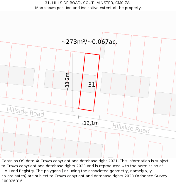31, HILLSIDE ROAD, SOUTHMINSTER, CM0 7AL: Plot and title map