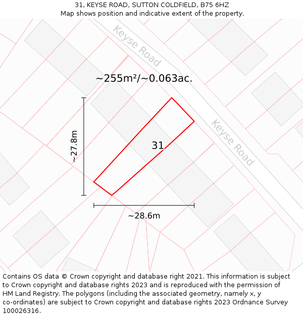 31, KEYSE ROAD, SUTTON COLDFIELD, B75 6HZ: Plot and title map