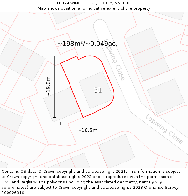 31, LAPWING CLOSE, CORBY, NN18 8DJ: Plot and title map