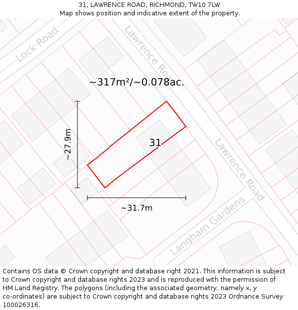31, LAWRENCE ROAD, RICHMOND, TW10 7LW: Plot and title map