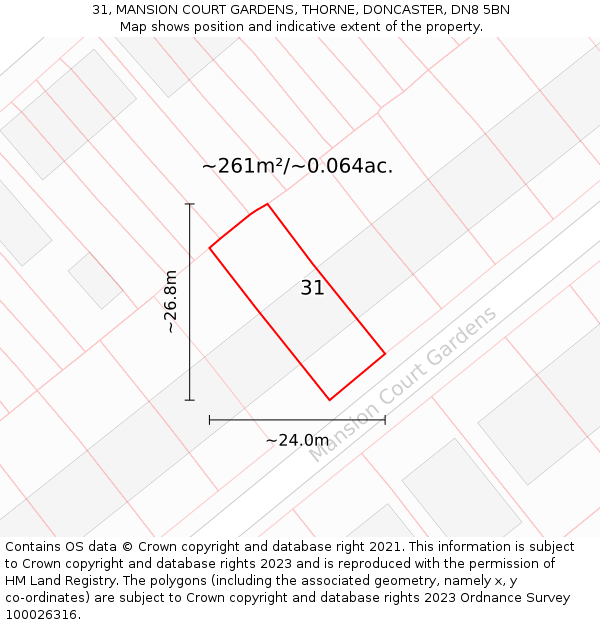 31, MANSION COURT GARDENS, THORNE, DONCASTER, DN8 5BN: Plot and title map