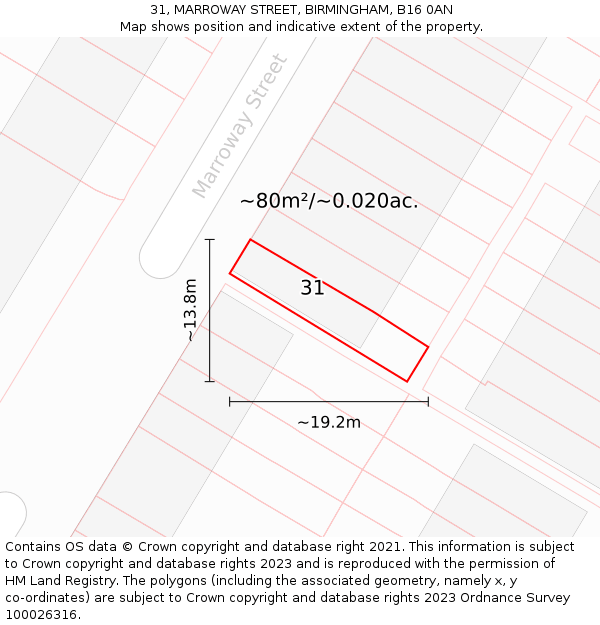 31, MARROWAY STREET, BIRMINGHAM, B16 0AN: Plot and title map