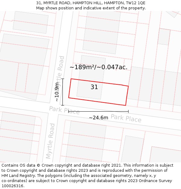 31, MYRTLE ROAD, HAMPTON HILL, HAMPTON, TW12 1QE: Plot and title map