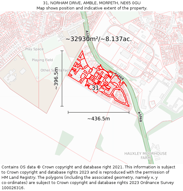 31, NORHAM DRIVE, AMBLE, MORPETH, NE65 0GU: Plot and title map