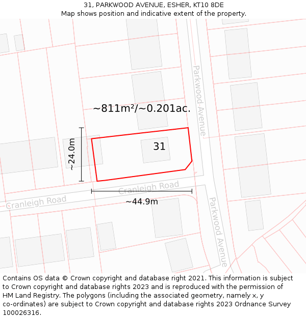 31, PARKWOOD AVENUE, ESHER, KT10 8DE: Plot and title map